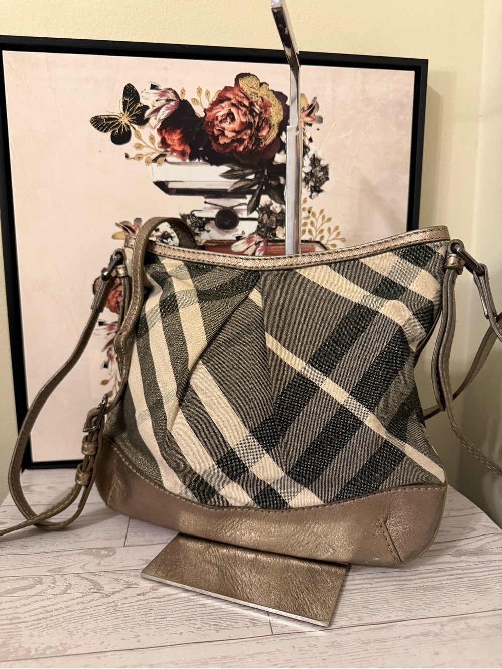 Burberry Plaid Canvas Crossbody Bag in Beige and Metallic Gold